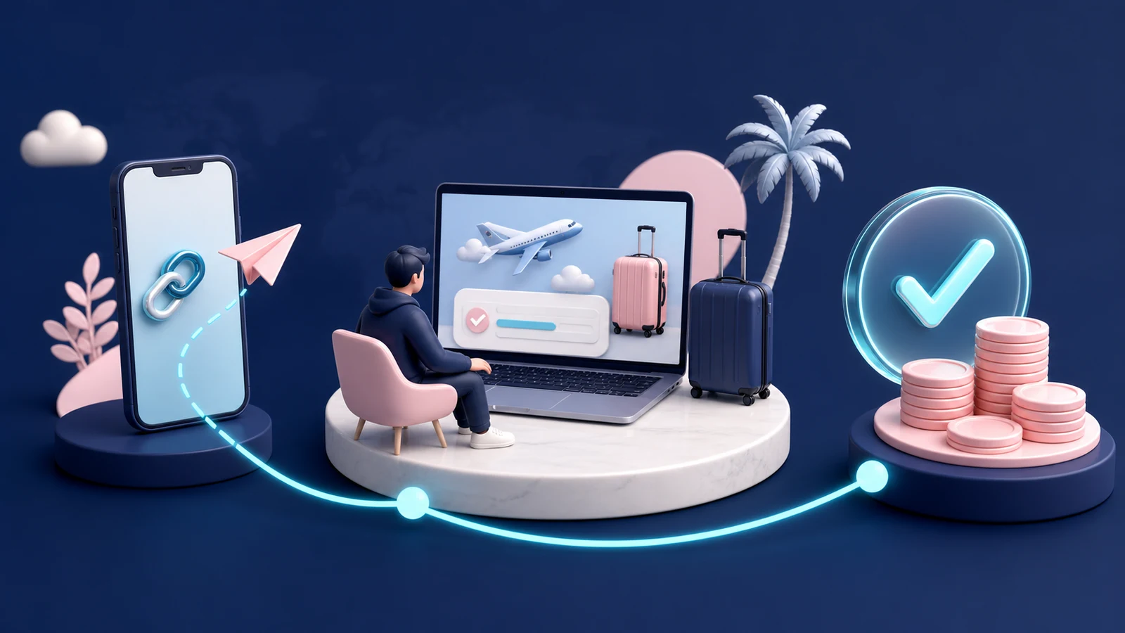 A visual affiliate journey from sharing a travel link to an approved commission